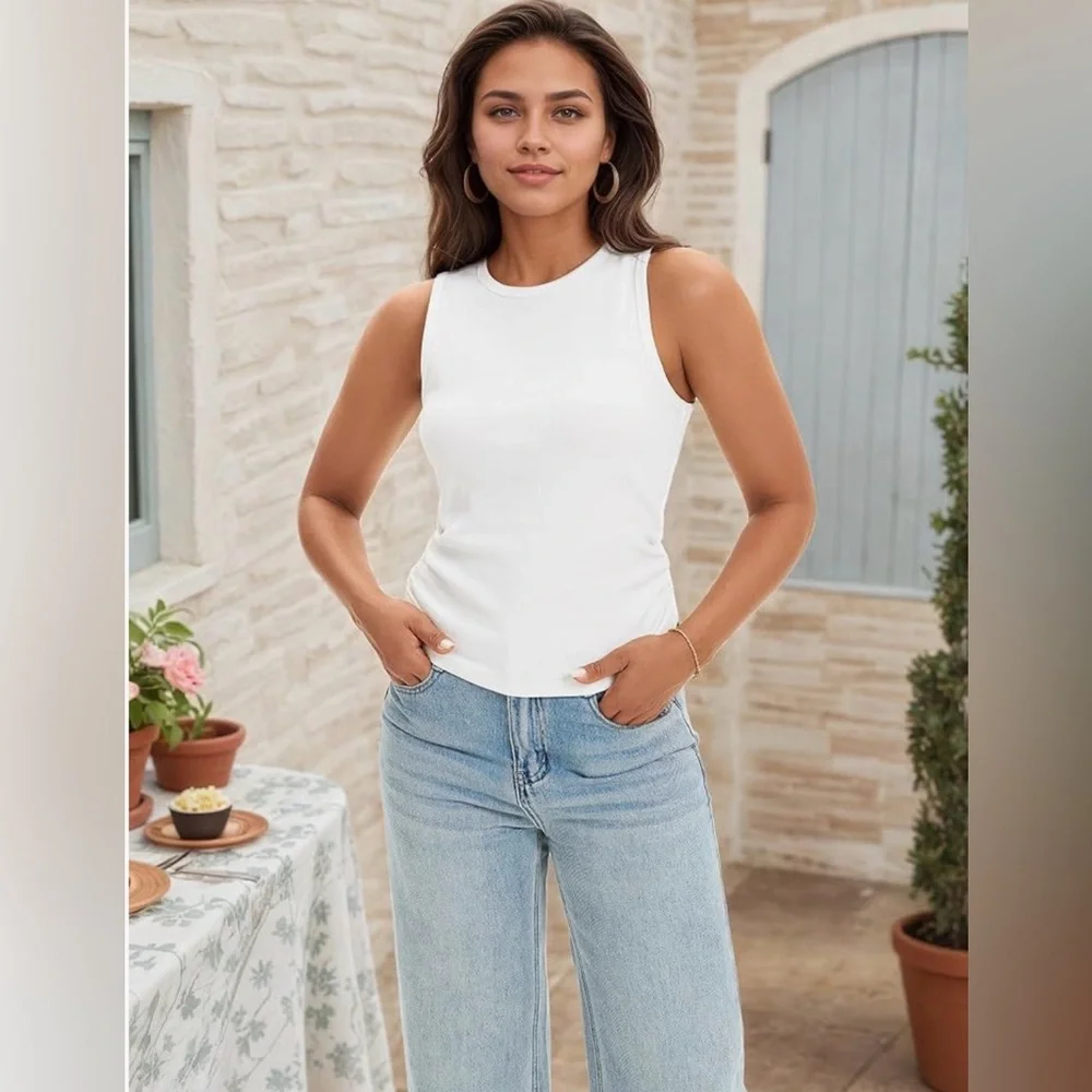 Fun & Casual White Ribbed Sleeveless High Neck Side Ruched Tank Top (S) NWT